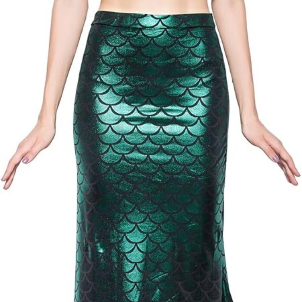 Shiny Night Out Party Costume Mermaid Maxi Long Fancy Skirt with Design Green XL